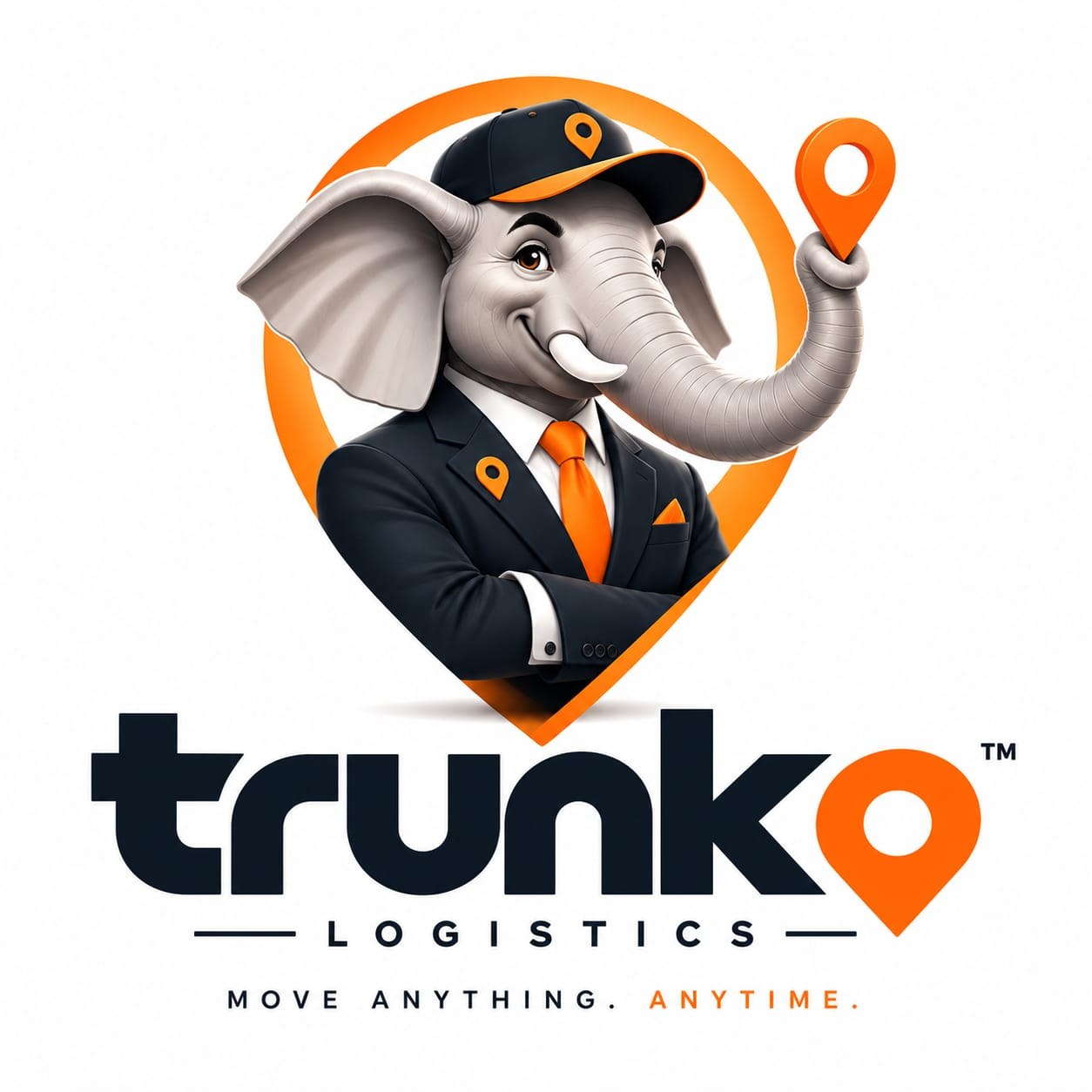 Trunko elephant logistics mascot holding an orange location pin